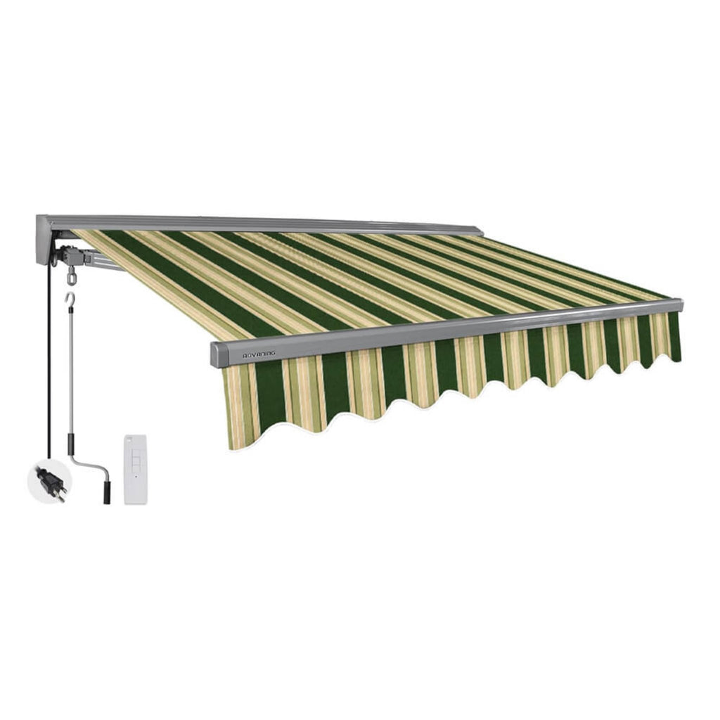 10Ft X 8Ft Advaning Classic Series Electric Fully Assembled Retractable Sun Shade Canopy Awning (Sak26158) - Saksby Wholesale -Forest Green With Beige Stripes Front Right View
