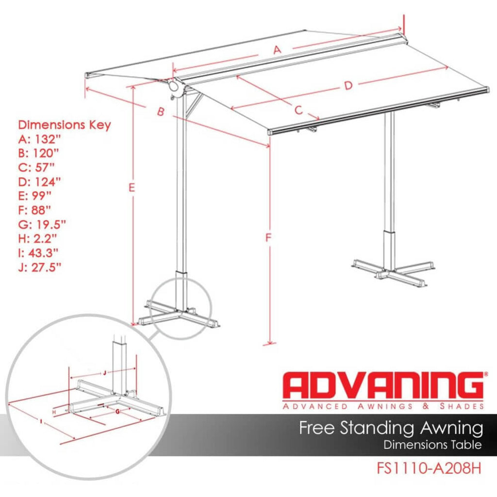 11FTx10FT Advaning FS Series Freestanding Dual Deploying Manual Retractable Awning (Sak62975) - Saksby Wholesale - Canvas Umber Dimensions Fs1110