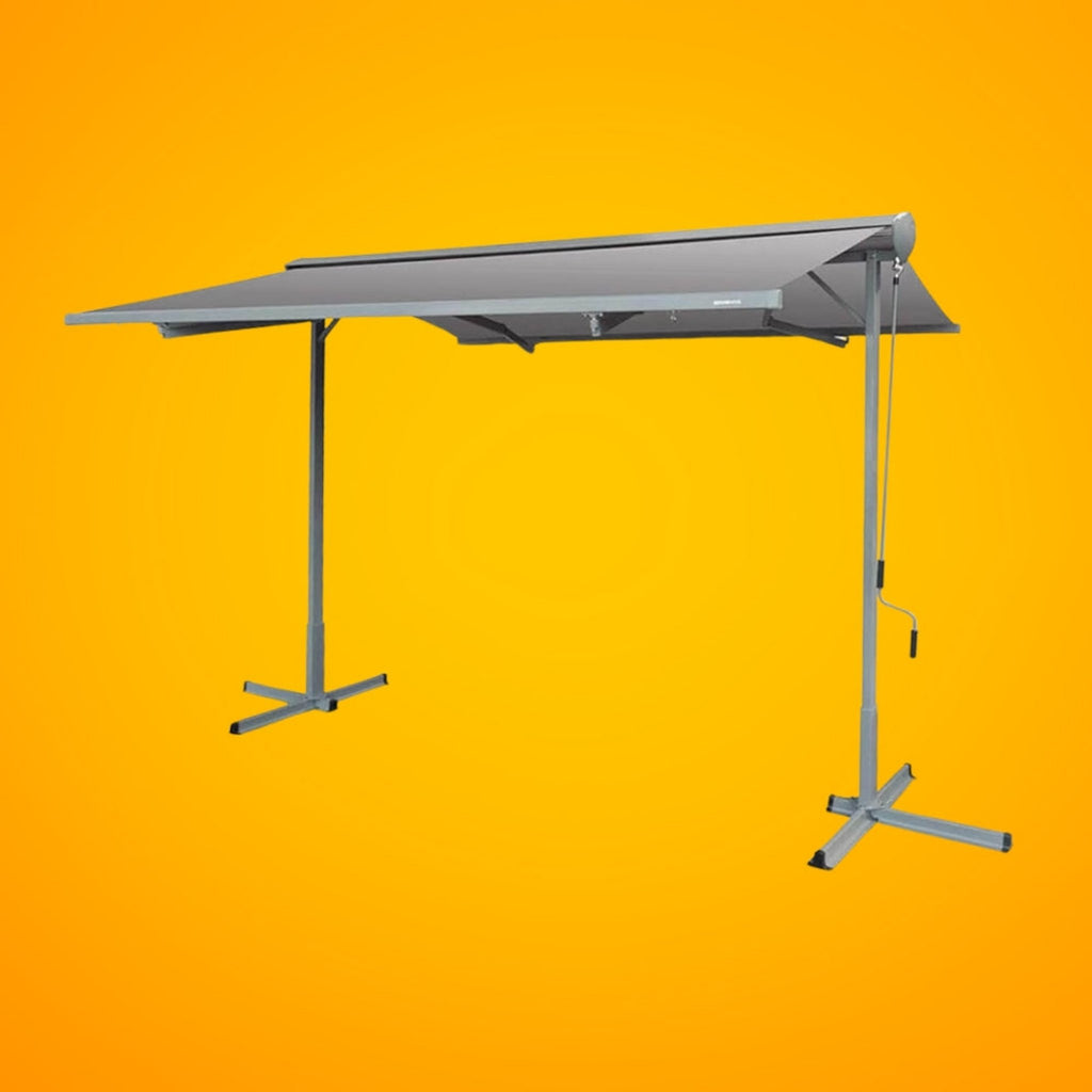 11Ft X 10Ft Advaning FS Series Freestanding Dual Deploying Manual Retractable Awning (Sak62975) - Saksby Wholesale - Gray Front View Fs1110 Orange Background