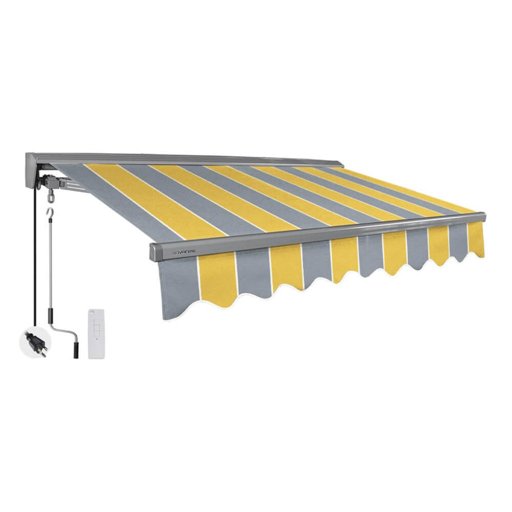 12FTx10FT Advaning Classic Series Electric Fully Assembled Retractable Sun Shade Canopy Awning (Sak92851) - Saksby Wholesale -Sunny Yellow With Gray Stripes Front Right View