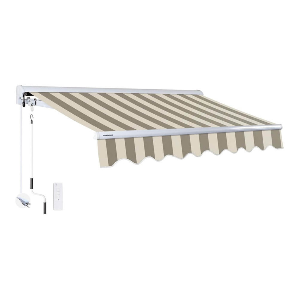 16FTx10FT Advaning Luxury Series Electric Motorized Fully Assembled Retractable Sun Shade Canopy Awning - Saksby Wholesale - Ea1610 Driftwood And Alabaster Stripes Front Left View Sak91875 13