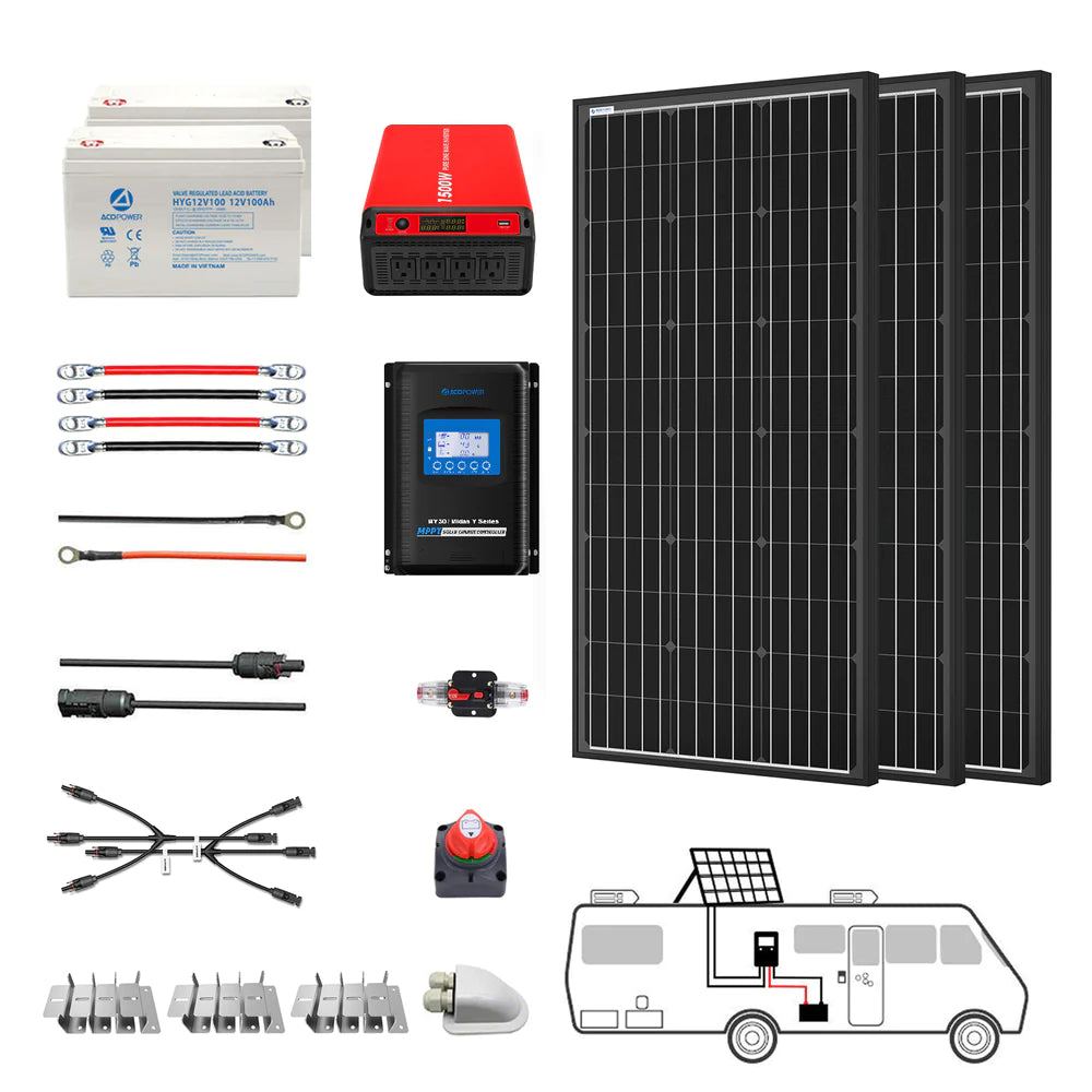 Acopower 300W Mono RV Solar System With 1.5KW Inverter And 30A Controller (SAK14573)