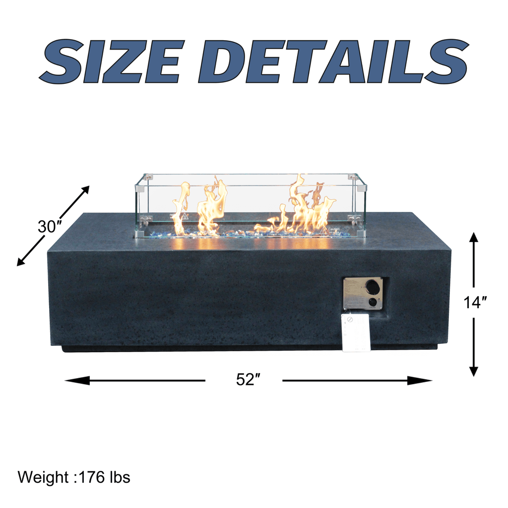 52 Inch Outdoor Concrete Liquid Propane Rectangular Fire Pit Table (SAK84314) - Saksby Wholesale - Dimensions