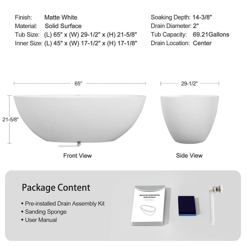 65 Inch Luxury Freestanding Soaking Bathtub With Overflow And Pop-Up Drain (SAK69451) - Saksby Wholesale - Dimensions