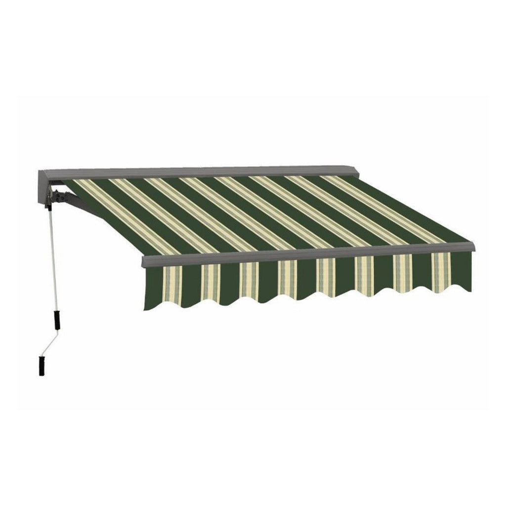 8Ft X 7Ft Advaning Classic Series Manual Fully Assembled Retractable Sun Shade Canopy Awning (Sak51472) - Saksby Wholesale -Ma0807 Forest Green With Beige Stripes Front Right View