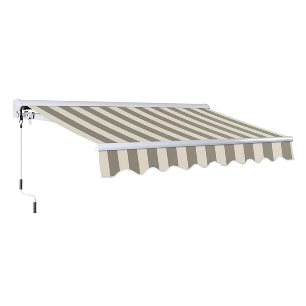Advaning Luxury Series Premium Fully Assembled Retractable Sun Shade Canopy Awning - Saksby Wholesale - Driftwood And Alabaster Stripes Front Left View Sak91875