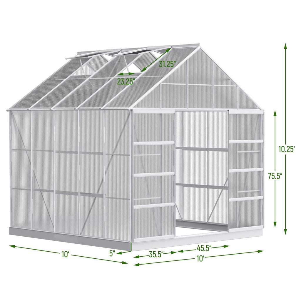 Premium Outdoor Aluminum Walk-In Greenhouse With Polycarbonate Panels & Sliding Doors, Measurement View