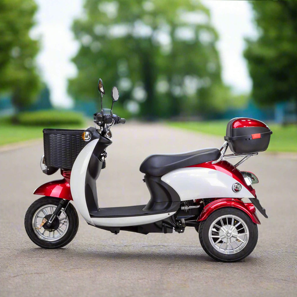 Bespoke Regal Premium Electric Mobility Scooter With Electronic Speed Control 400lbs Red Sak28351 Saksby - Lifestyle In Park On Pavement Left Right View