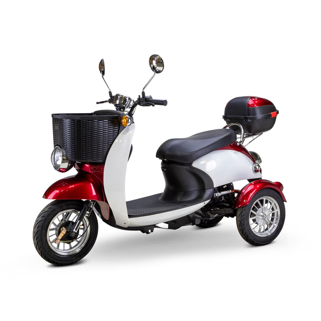 Bespoke Supreme Premium Electric Mobility Scooter With Electronic Speed Control 400lbs Red And White Sak28351 Saksby - Front Left View With Black Seat And Chrome Rims