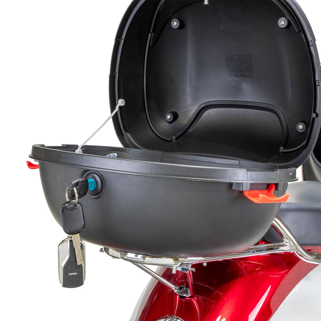 Bespoke Supreme Premium Electric Mobility Scooter With Electronic Speed Control 400lbs Red And White SAK28351 Saksby - Rear Storage Box With Open Lid With Black Seat And Chrome Rims