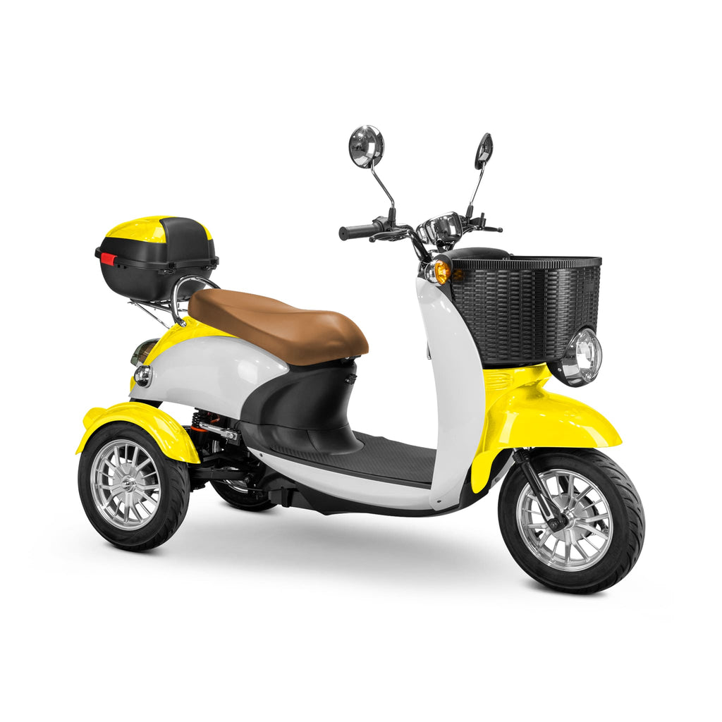 Bespoke Supreme Premium Electric Mobility Scooter With Electronic Speed Control 400lbs Yellow And White Sak28351 Saksby - With Brown Seat And Chrome Rims