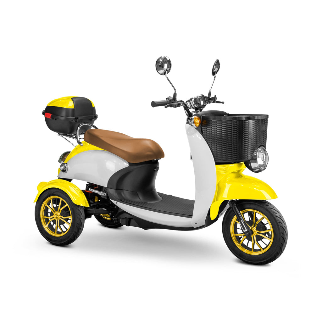 Bespoke Supreme Premium Electric Mobility Scooter With Electronic Speed Control 400lbs Yellow And White Sak28351 Saksby - With Brown Seat And Gold Rims