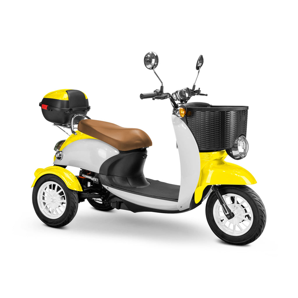 Bespoke Supreme Premium Electric Mobility Scooter With Electronic Speed Control 400lbs Yellow And White Sak28351 Saksby - With Brown Seat And White Rims