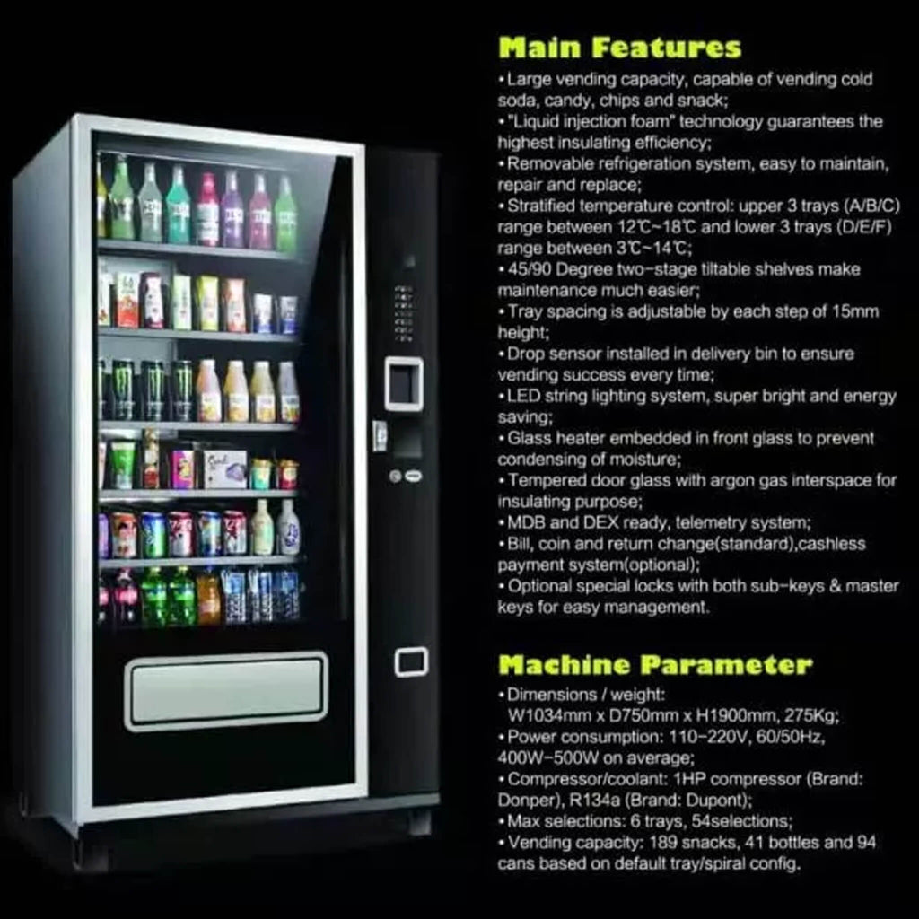 EPX 6ft Snacks And Drinks Combo Vending Machine With Dual Zone Refrigeration And Bill Acceptor SAK47539 Saksby - Features