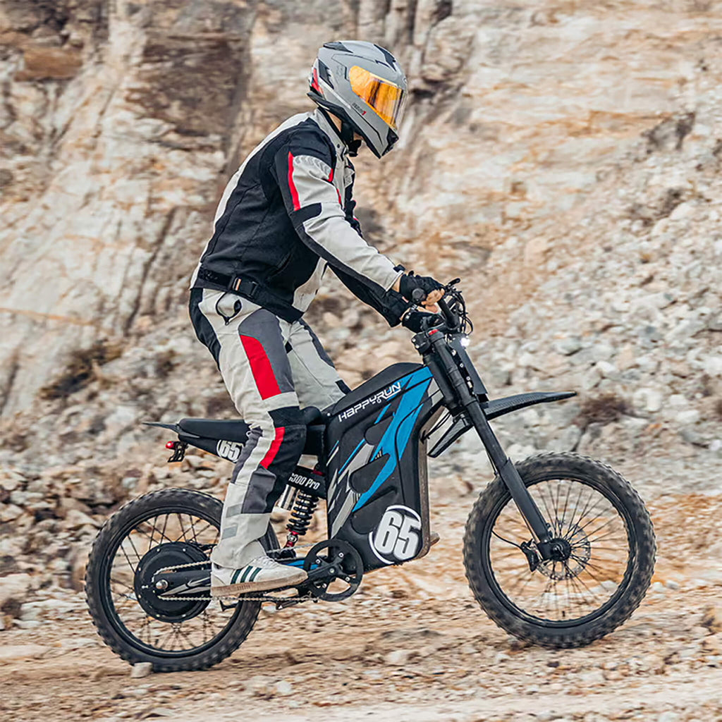 Happyrun G300 Pro Electric Dirt Bike (SAK27360) Saksby - Blue With Man Riding on Dirt