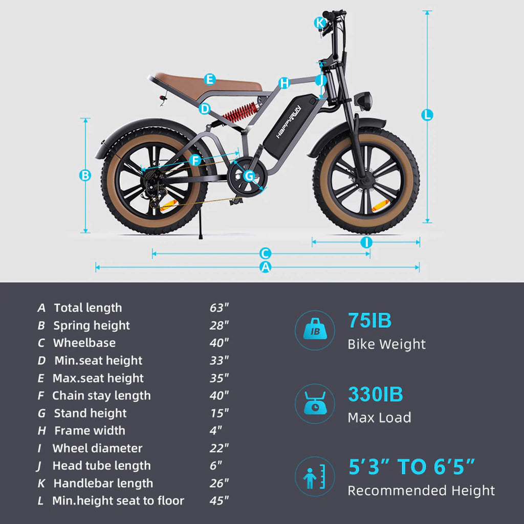 Happyrun Tank G60 Electric Off Road Fat Tire Moped Bike 1000W SAK48732 Saksby - White Dimensions