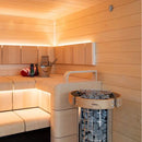 Harvia Cilindro Half Series Modern Steel Pillar-Style Sauna Heater - Front-Top View Beside Bench with Safety Railing - SAK84937