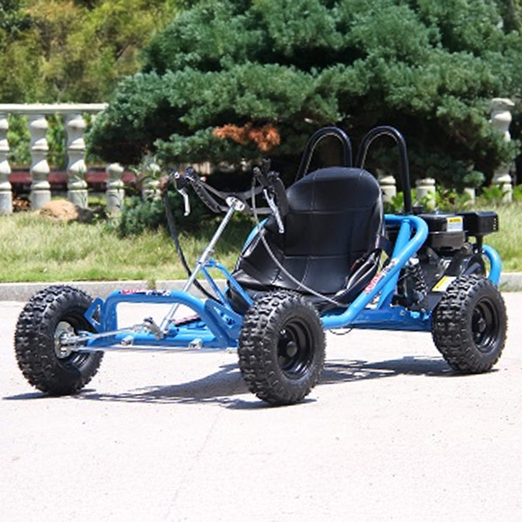Heming HM-GK200A 4-Stroke Single Cylinder 2WD Gas-Powered Go-Kart - SAK21403 - Lifestyle Blue - Front-Left Corner View On Pavement