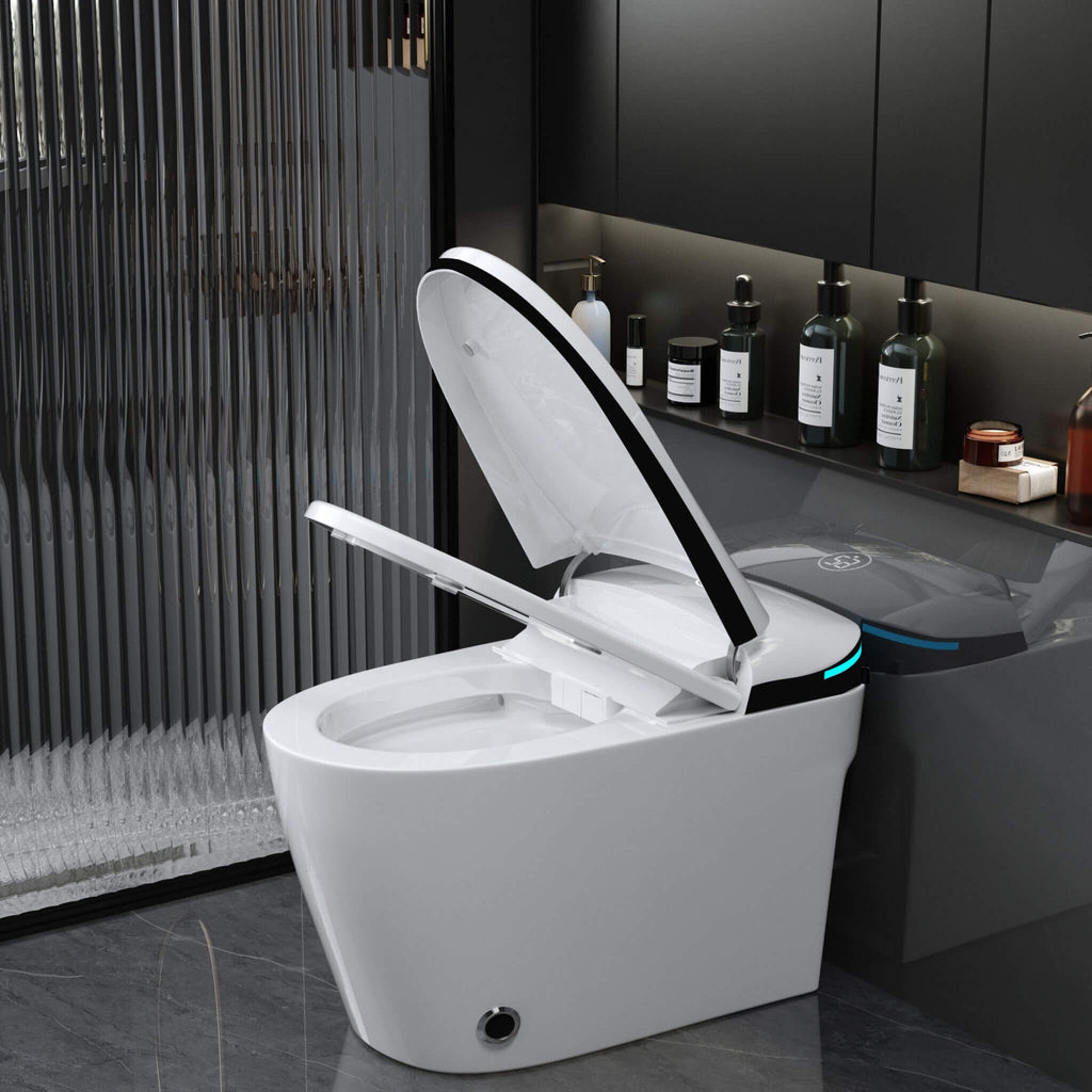 Luxury Smart Toilet With Built-In Auto Open And Close Bidet Seat, Foot Sensor, LED Display And Night Light (SAK31256) - Saksby Wholesale - Open Lid Details
