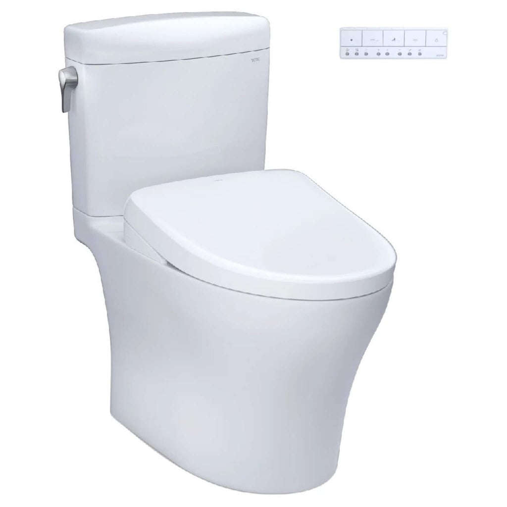TOTO Aquia IV Cube 1.28 GPF And 0.9 GPF Dynamax Tornado Flush Toilet With Washlet S7A Bidet Seat (SAK74285) Front Right View
