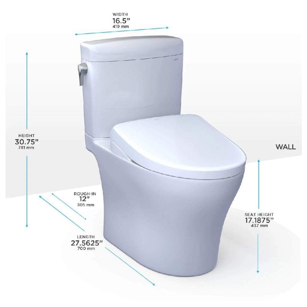 TOTO Aquia IV Cube 1.28 GPF And 0.9 GPF Dynamax Tornado Flush Toilet With Washlet S7A Bidet Seat (SAK74285) Dimensions View