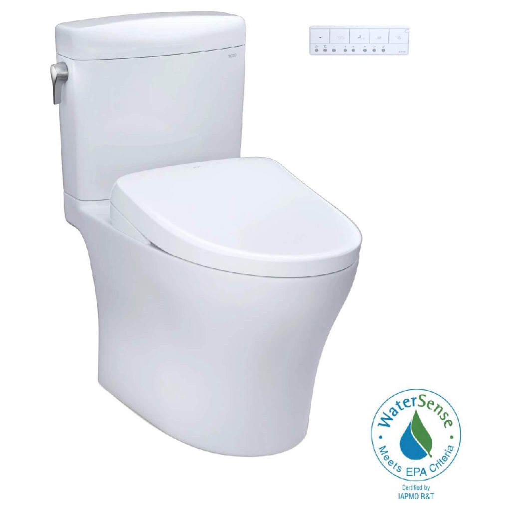 TOTO Aquia IV Cube 1.28 GPF And 0.9 GPF Dynamax Tornado Flush Toilet With Washlet S7A Bidet Seat (SAK74285) Front Right View
