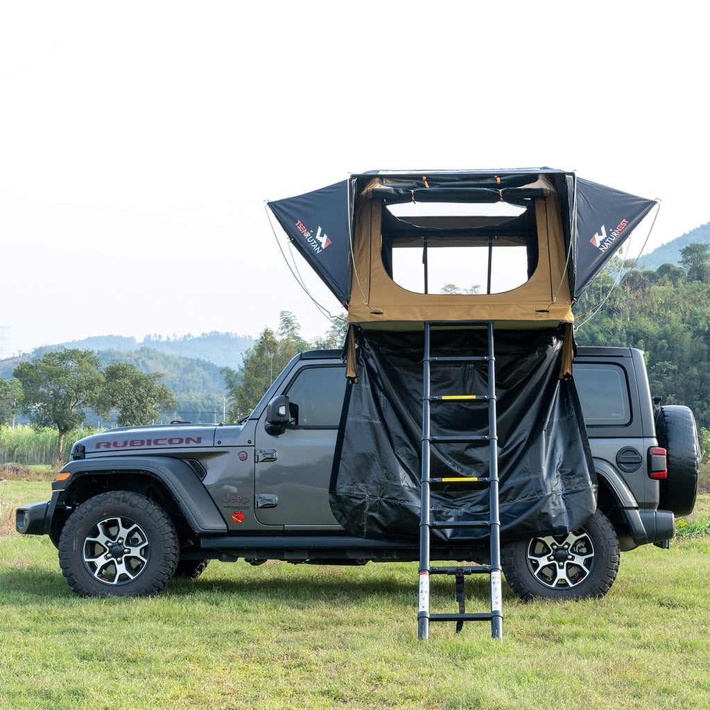 Naturnest Andromeda Khaki Soft Shell Rooftop Tent With Large Panoramic Skylight And YKK Doors (SAK72384) Saksby - Lifestyle Side View With Ladder