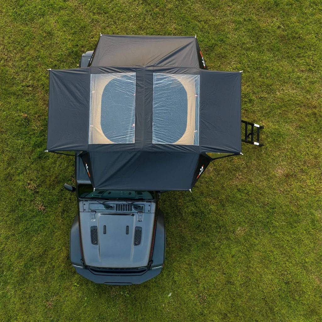 Naturnest Andromeda Khaki Soft Shell Rooftop Tent With Large Panoramic Skylight And YKK Doors SAK72384 Saksby - Lifestyle Top View
