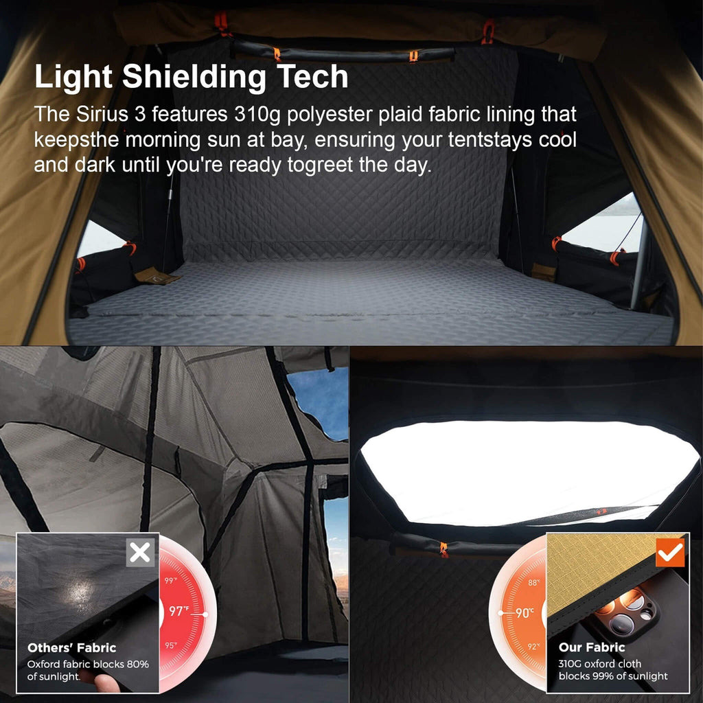 Naturnest Sirius 3 Premium 2XL 3 Person Clamshell Roof Top Tent SAK62917 Saksby - Light Shielding Tech