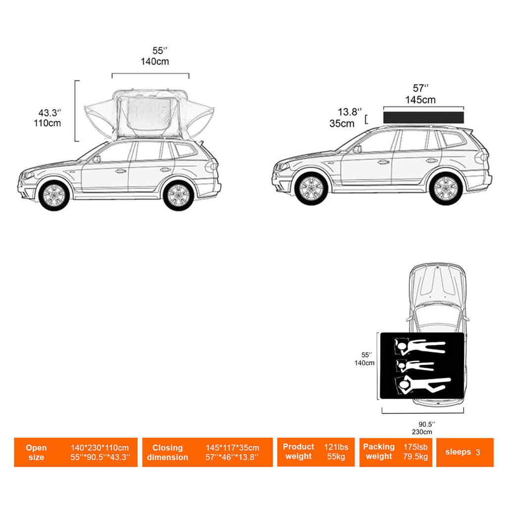 Naturnest Soft Shell Roof Top Tent With Large Panoramic Skylight And YKK Doors Back Left View SAK72384 Saksby -  Dimensions