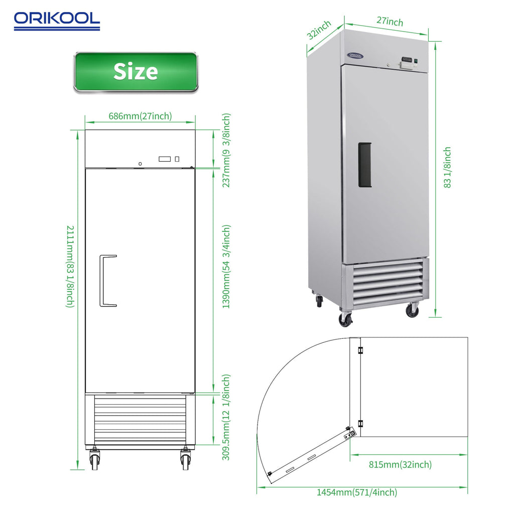 Orikool 27 Inch Commercial 23 Cu.Ft Reach-In Stainless Steel Freezer (SAK96352) - Saksby Wholesale - DImensions