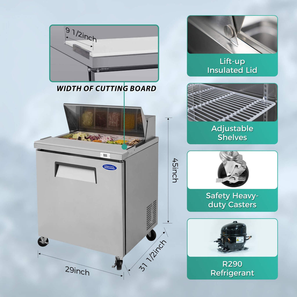 Orikool Commercial Refrigerator Sandwich & Salad Prep Table With Butcher Block Cutting Board (SAK31598) - Saksby Wholesale - Dimensions View