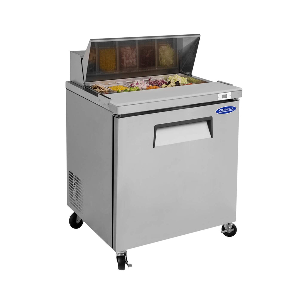 Orikool Commercial Refrigerator Sandwich & Salad Prep Table With Butcher Block Cutting Board (SAK31598) - Saksby Wholesale - Front Right View