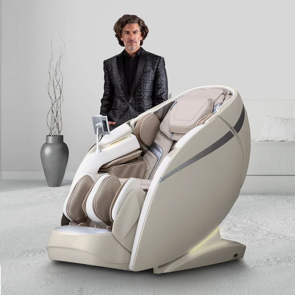Osaki OS Pro 4D DuoMax Massage Chair With Intelligent Health Detection Taupe SAK74251 - Lifestyle Front Left View With Man Standing Behind