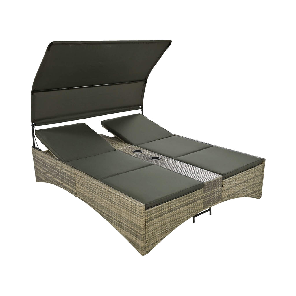 Outdoor Rattan Patio Daybed With Adjustable Backrest, Canopy Roof, Storage Box And Cup Holders (SAK54220) - Saksby Wholesale - 20 Degrees Reclining Backrest