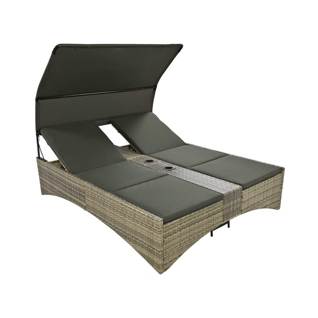 Outdoor Rattan Patio Daybed With Adjustable Backrest, Canopy Roof, Storage Box And Cup Holders (SAK54220) - Saksby Wholesale - 50 Degrees Reclining Backrest