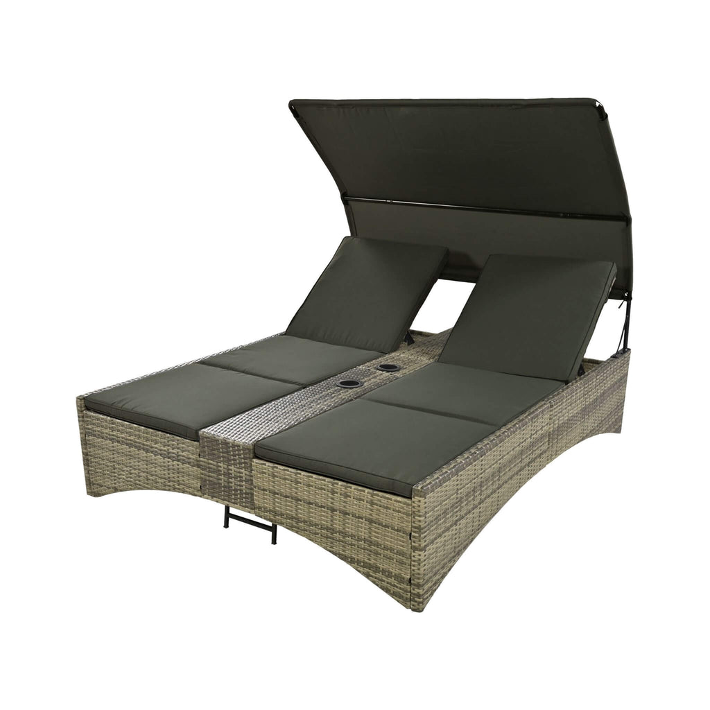Outdoor Rattan Patio Daybed With Adjustable Backrest, Canopy Roof, Storage Box And Cup Holders (SAK54220) - Saksby Wholesale - Backrest Adjusted