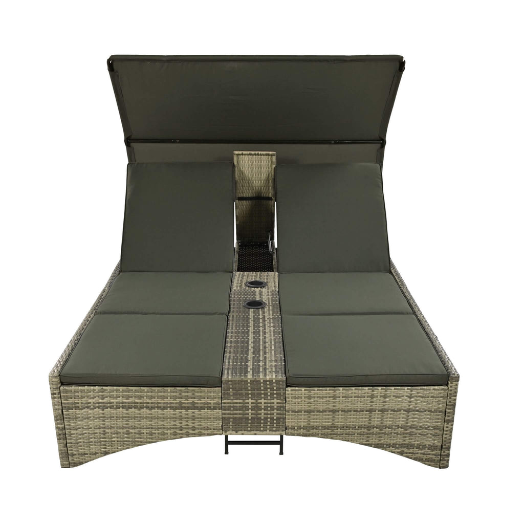 Outdoor Rattan Patio Daybed With Adjustable Backrest, Canopy Roof, Storage Box And Cup Holders (SAK54220) - Saksby Wholesale - Front View Open Storage Box