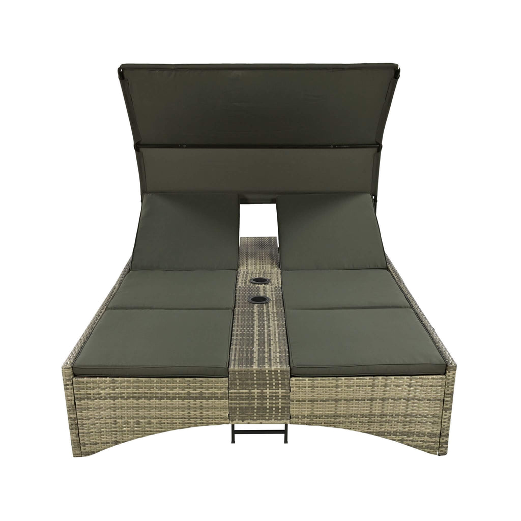 Outdoor Rattan Patio Daybed With Adjustable Backrest, Canopy Roof, Storage Box And Cup Holders (SAK54220) - Saksby Wholesale - Front View White Background