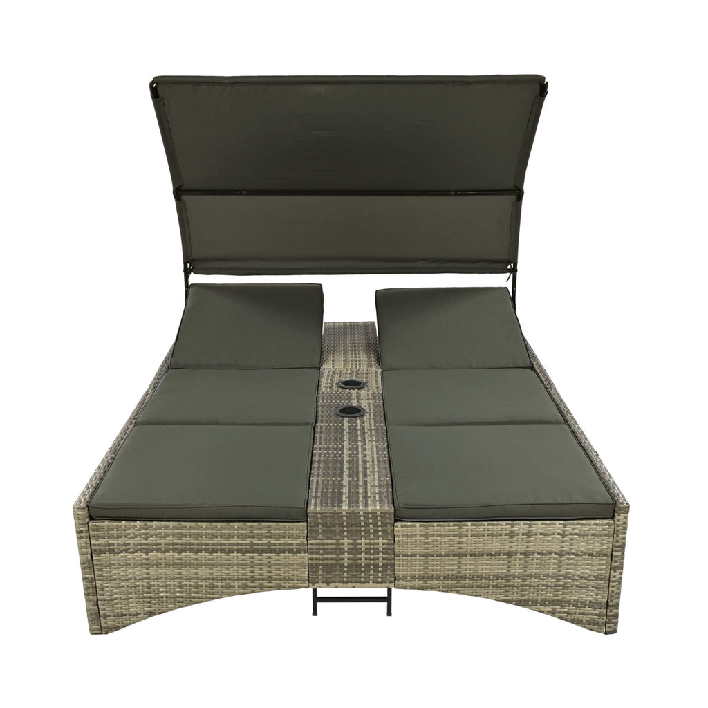 Outdoor Rattan Patio Daybed With Adjustable Backrest, Canopy Roof, Storage Box And Cup Holders (SAK54220) - Saksby Wholesale - Front View