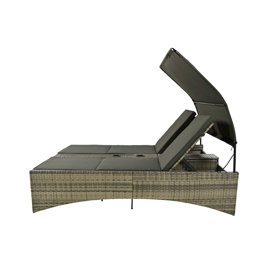 Outdoor Rattan Patio Daybed With Adjustable Backrest, Canopy Roof, Storage Box And Cup Holders (SAK54220) - Saksby Wholesale - High Lifted Backrest