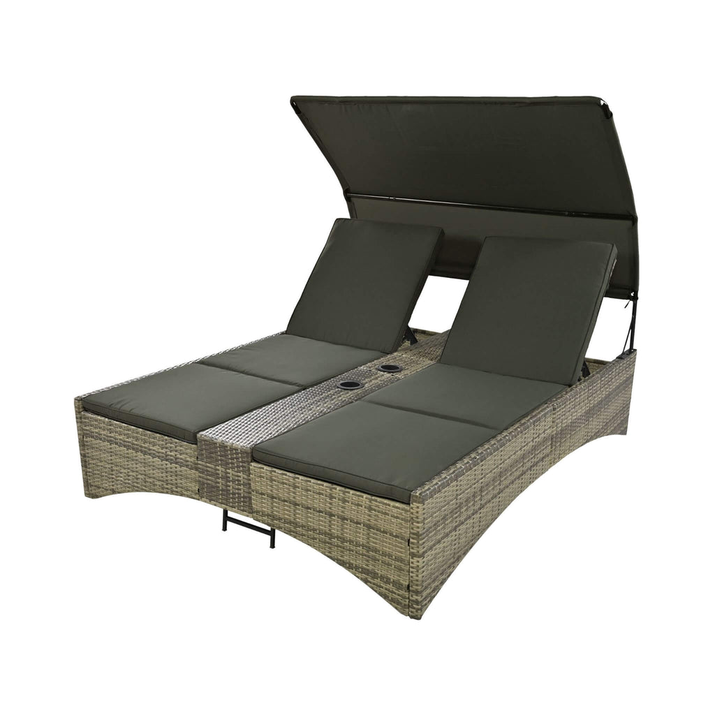 Outdoor Rattan Patio Daybed With Adjustable Backrest, Canopy Roof, Storage Box And Cup Holders (SAK54220) - Saksby Wholesale - Lifted Backrest