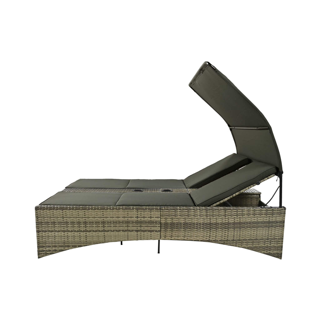 Outdoor Rattan Patio Daybed With Adjustable Backrest, Canopy Roof, Storage Box And Cup Holders (SAK54220) - Saksby Wholesale - Side View Adjusted Backrest