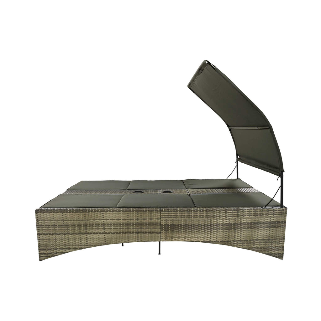 Outdoor Rattan Patio Daybed With Adjustable Backrest, Canopy Roof, Storage Box And Cup Holders (SAK54220) - Saksby Wholesale - Side View Bed Setup