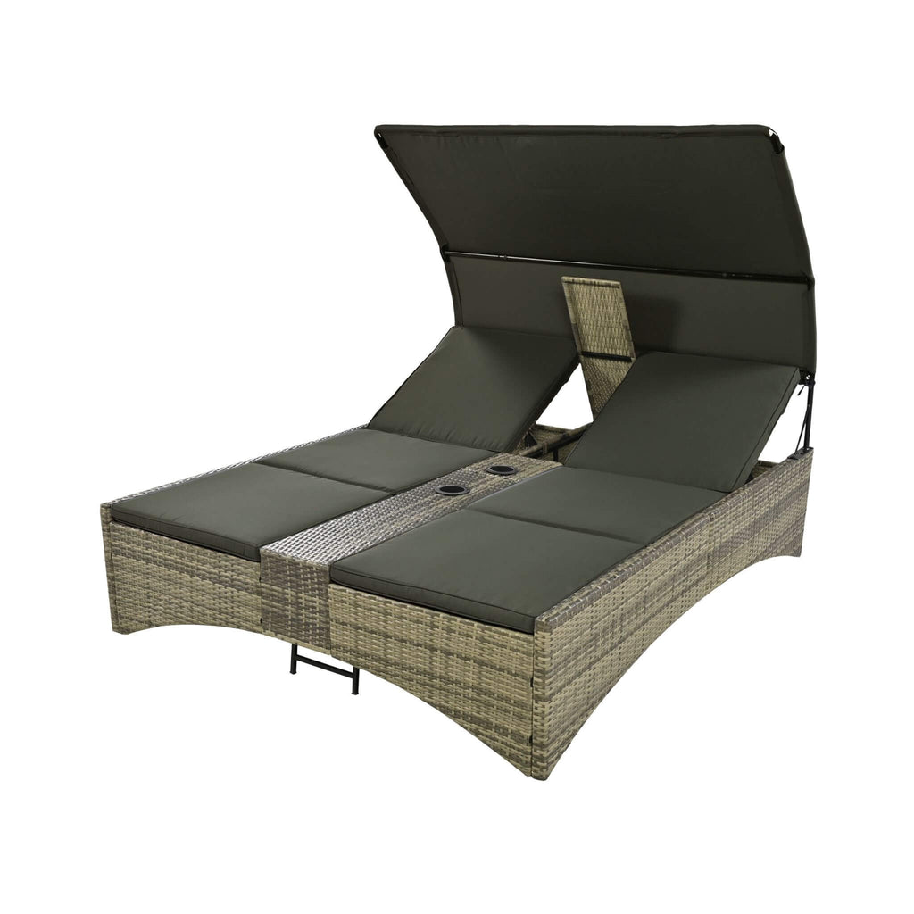 Outdoor Rattan Patio Daybed With Adjustable Backrest, Canopy Roof, Storage Box And Cup Holders (SAK54220) - Saksby Wholesale - Side View Open Storage Box