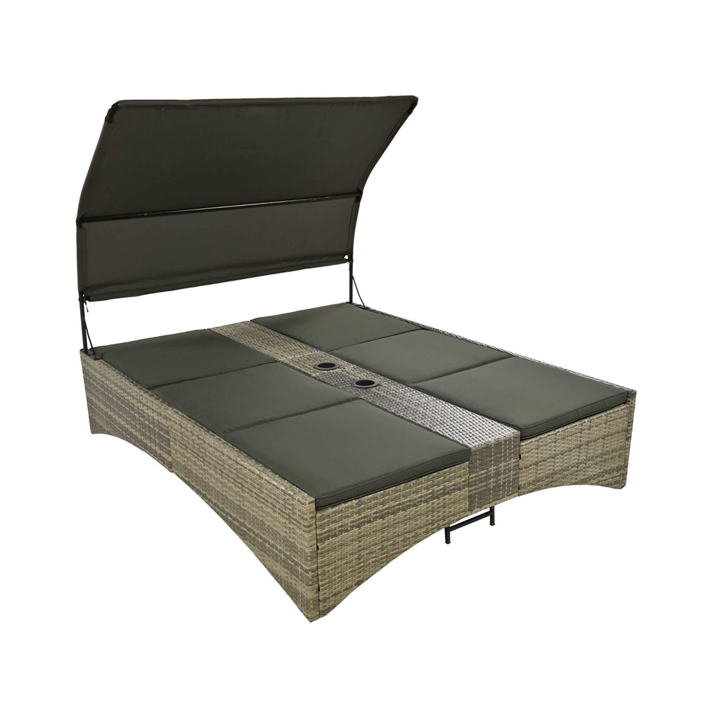 Outdoor Rattan Patio Daybed With Adjustable Backrest, Canopy Roof, Storage Box And Cup Holders (SAK54220) - Saksby Wholesale - White Background