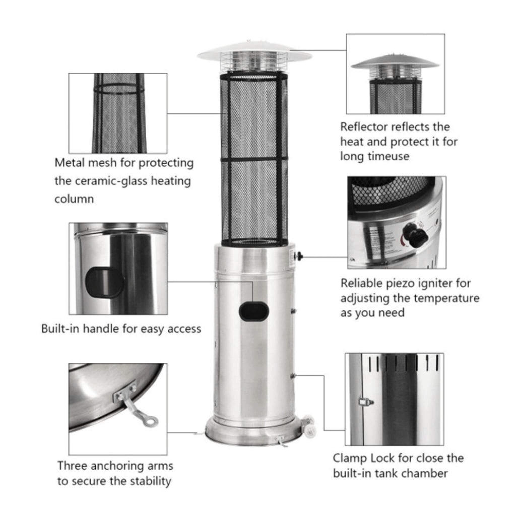 Portable Cylindrical Freestanding Outdoor Round Glass Tube Propane Patio Heater, 41K BTU (SAK93913) - Saksby Wholesale - Material Features View