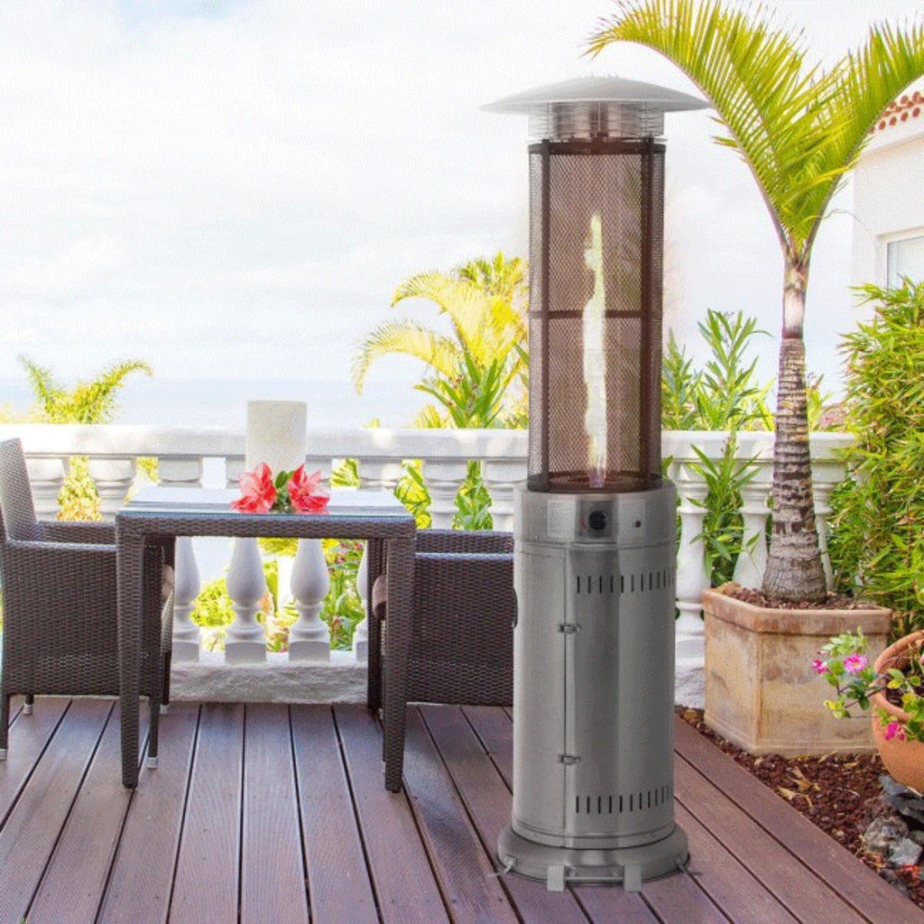 Portable Cylindrical Freestanding Outdoor Round Glass Tube Propane Patio Heater, 41K BTU (SAK93913) - Saksby Wholesale - Outdoor View
