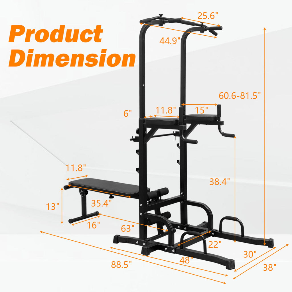 Power Tower Heavy Duty Multi-Functional Dip Station With Bench, Pull Up Bar, And Adjustable Height For Home Gyms (SAK64327) - Saksby Wholesale - Dimensions