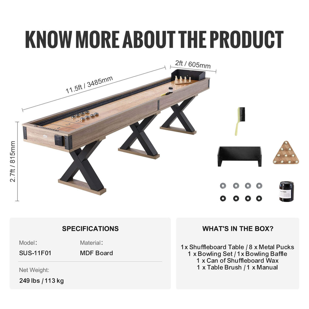 Premium 2-in-1 Shuffleboard Game Table Set With Bowling Combo (SAK81698) SAKSBY - 11ft Dimensions